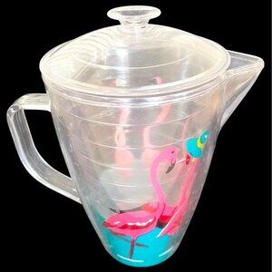Flamingo Clear Plastic Pitcher Lid Transparent Insulated Pink Blue Flamingo VTG